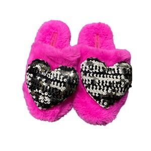 Betsey Johnson Fuzzy Pink Heart Sequin Slippers Large 9-10 Womens Cozy Plush